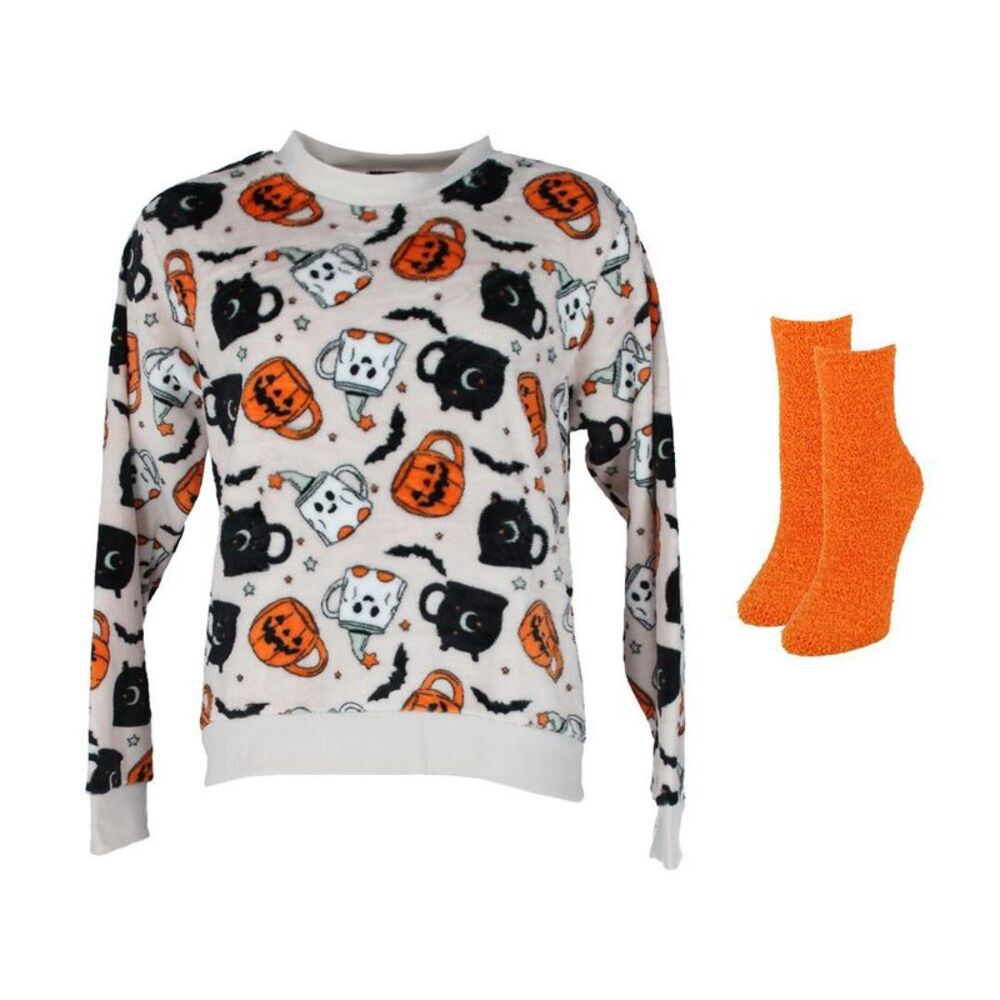 Weekending Women's Plush Halloween Mug Crewneck with Socks Set
